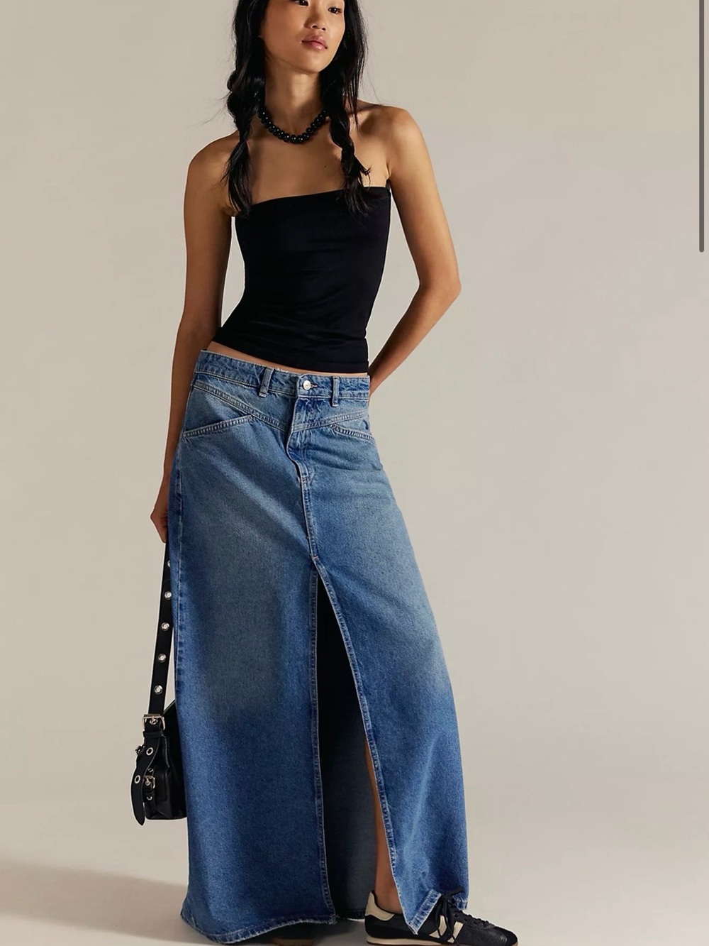 Free People Blue High-Rise Denim Maxi Skirt with Front Slit